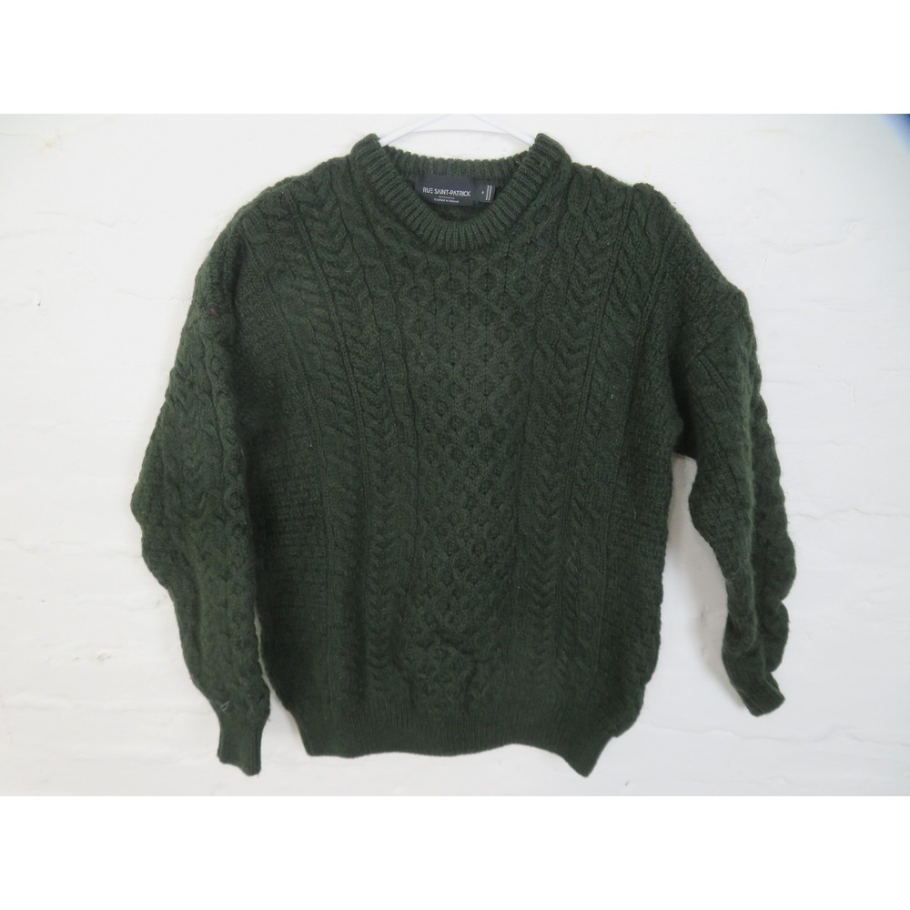 Rue Saint-Patrick Sweater Mens Small*** Green Merino Wool Cable Knit Ireland